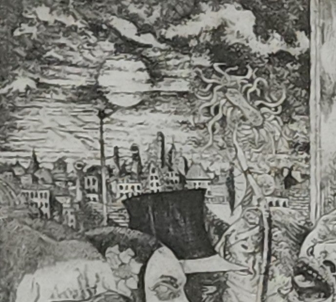 Individual Print from Original Etching Featured in Crucifix in a Deathhand by Charles Bukowski