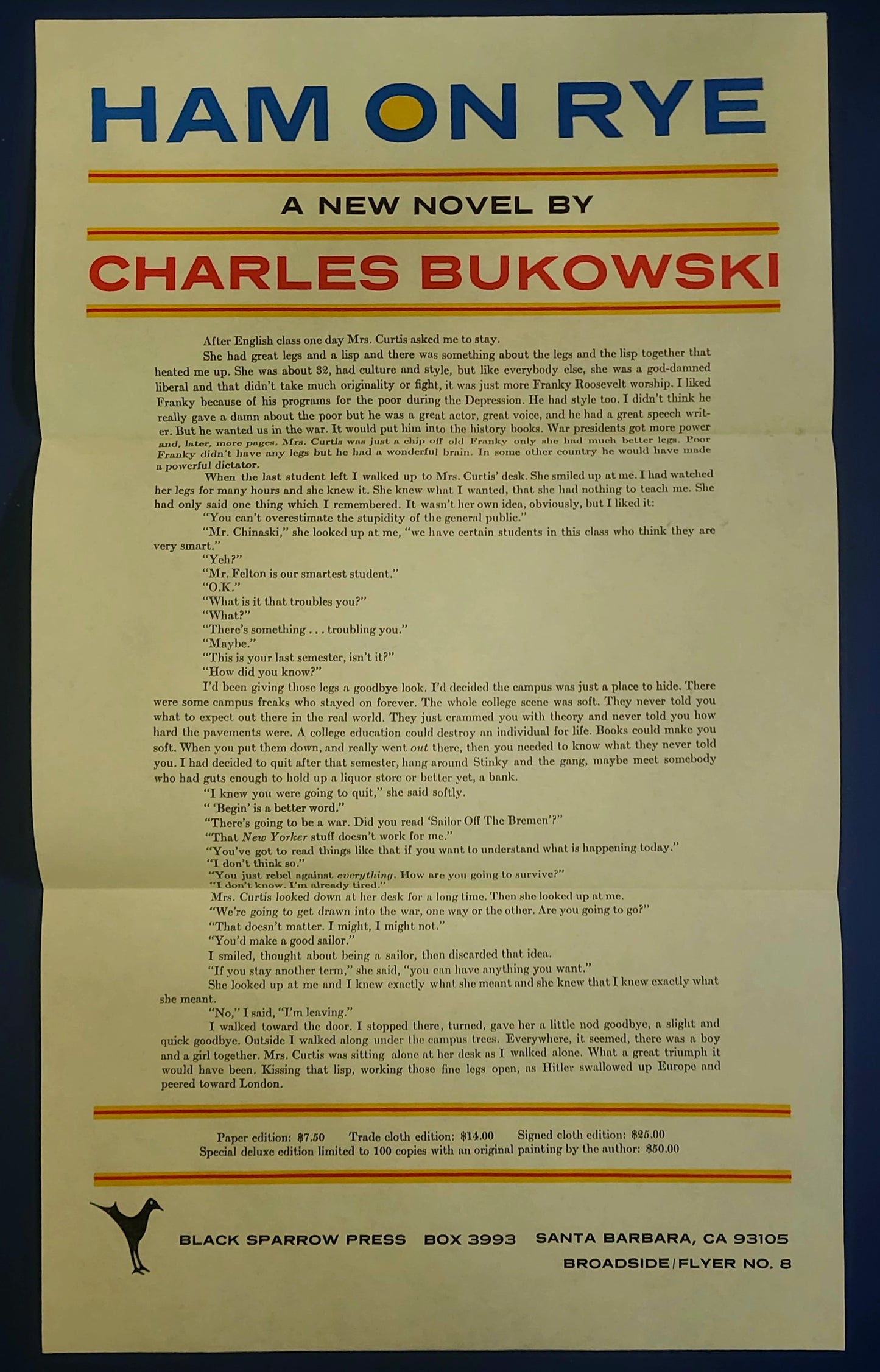 Ham on Rye – First Hardcover Trade Edition (1/750) w/ Broadside by Charles Bukowski