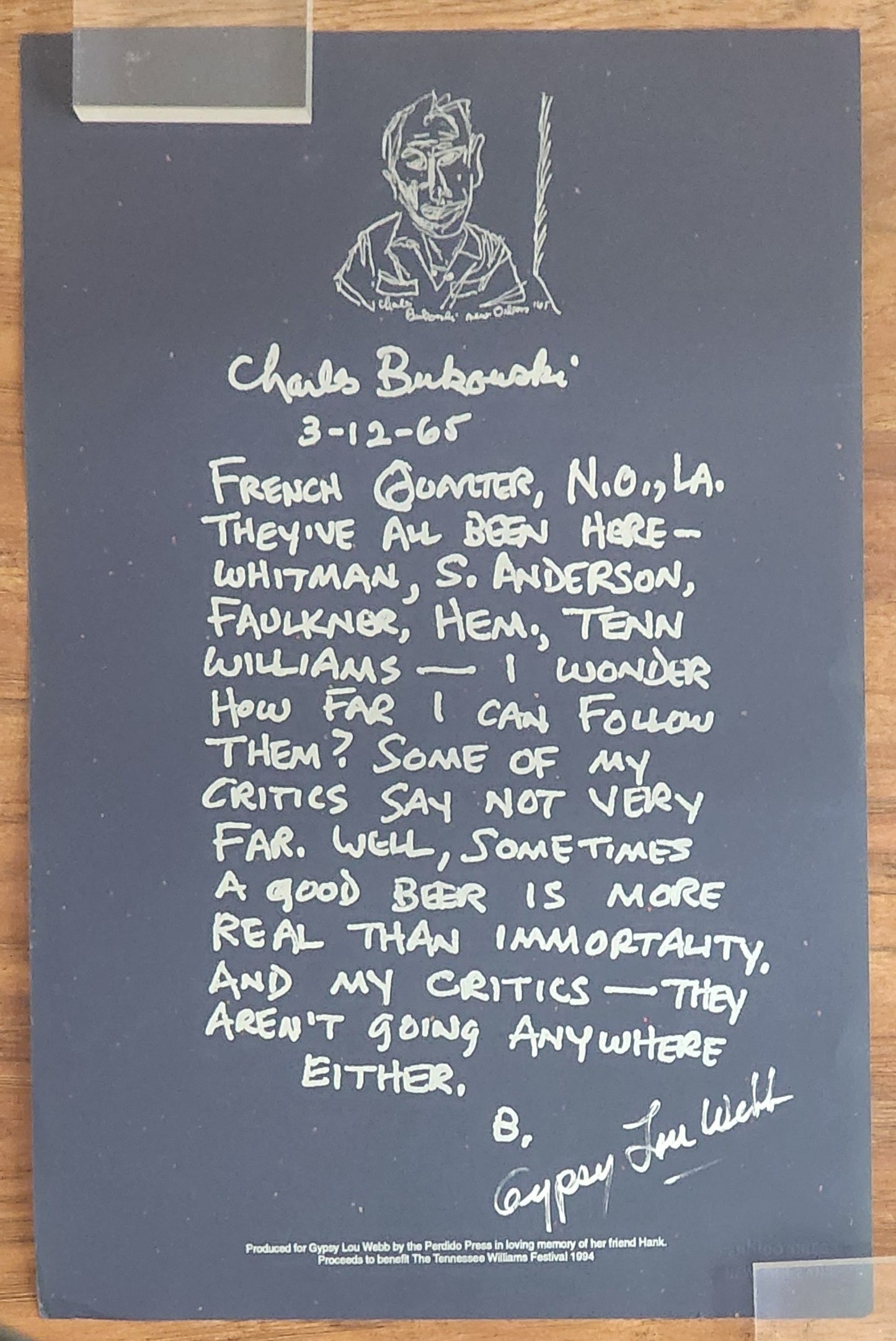 Perdido Press Broadside w/ Bukowski Inscription: Signed by Gypsy Lou Webb (1994)