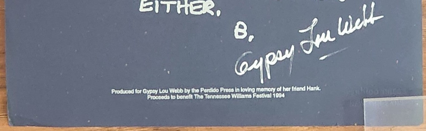 Perdido Press Broadside w/ Bukowski Inscription: Signed by Gypsy Lou Webb (1994)