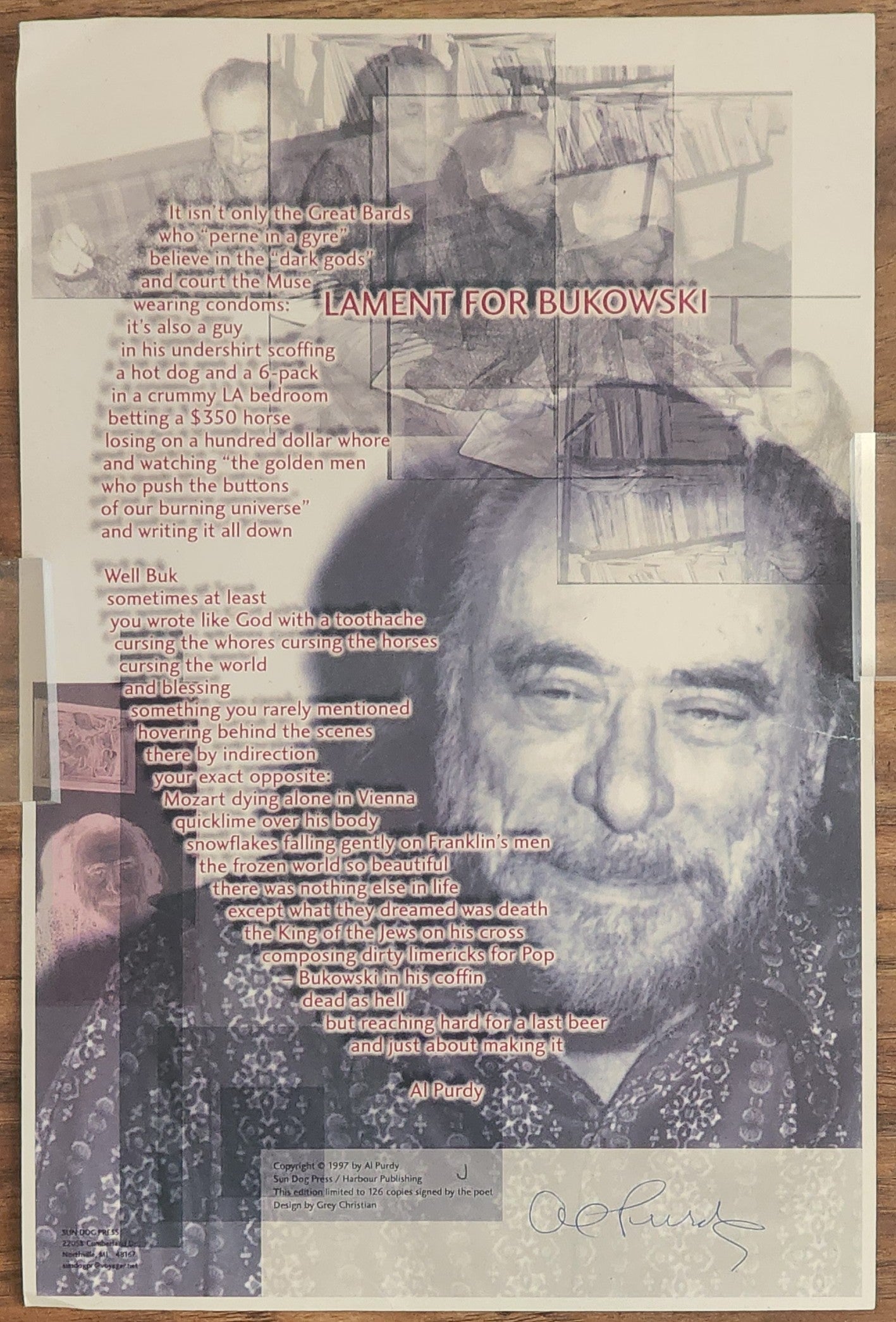 Lament For Bukowski Broadside: Letter J of 126 Copies Signed by Al Purdy