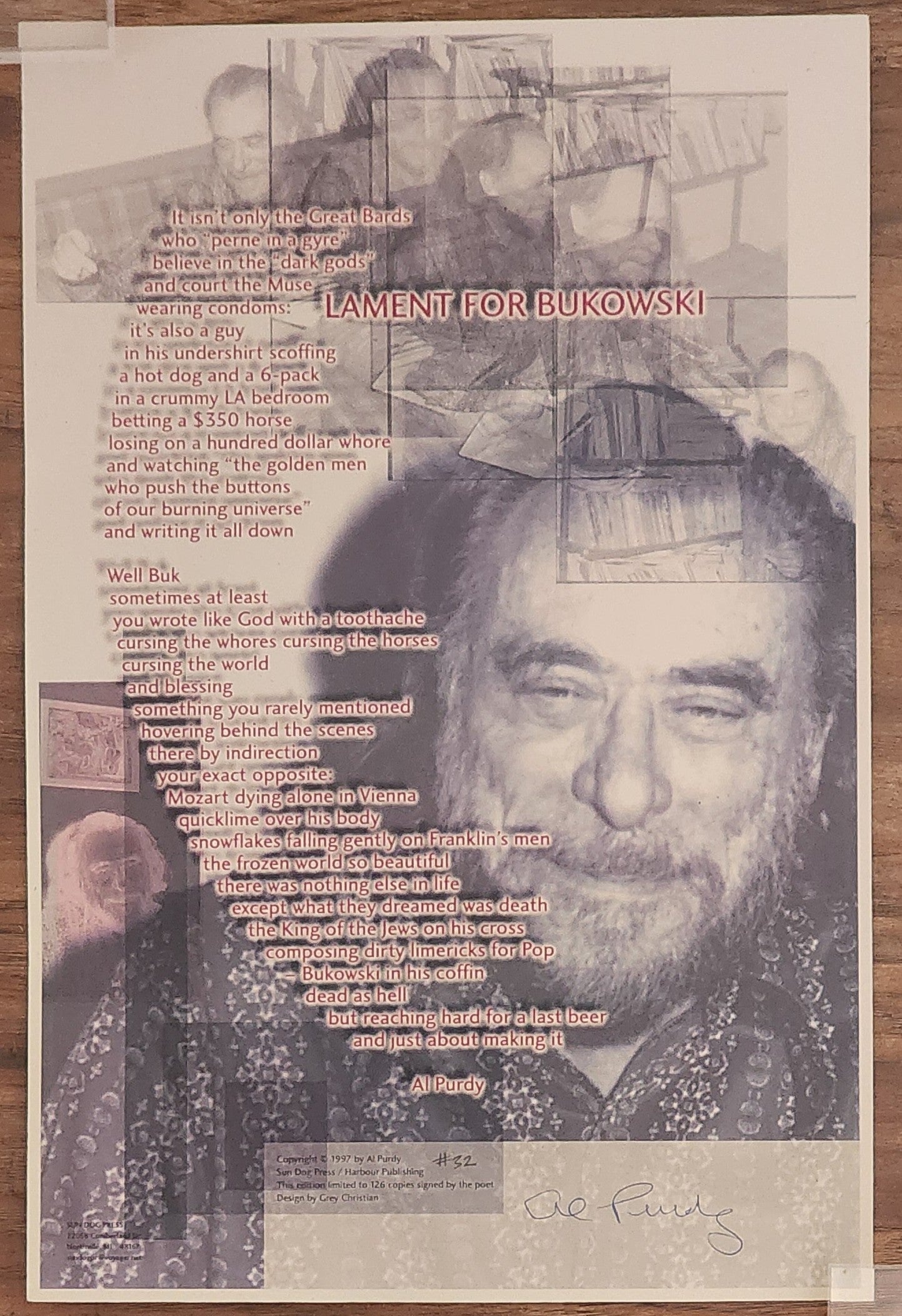 Lament For Bukowski Broadside: #32/126 Copies Signed by Al Purdy