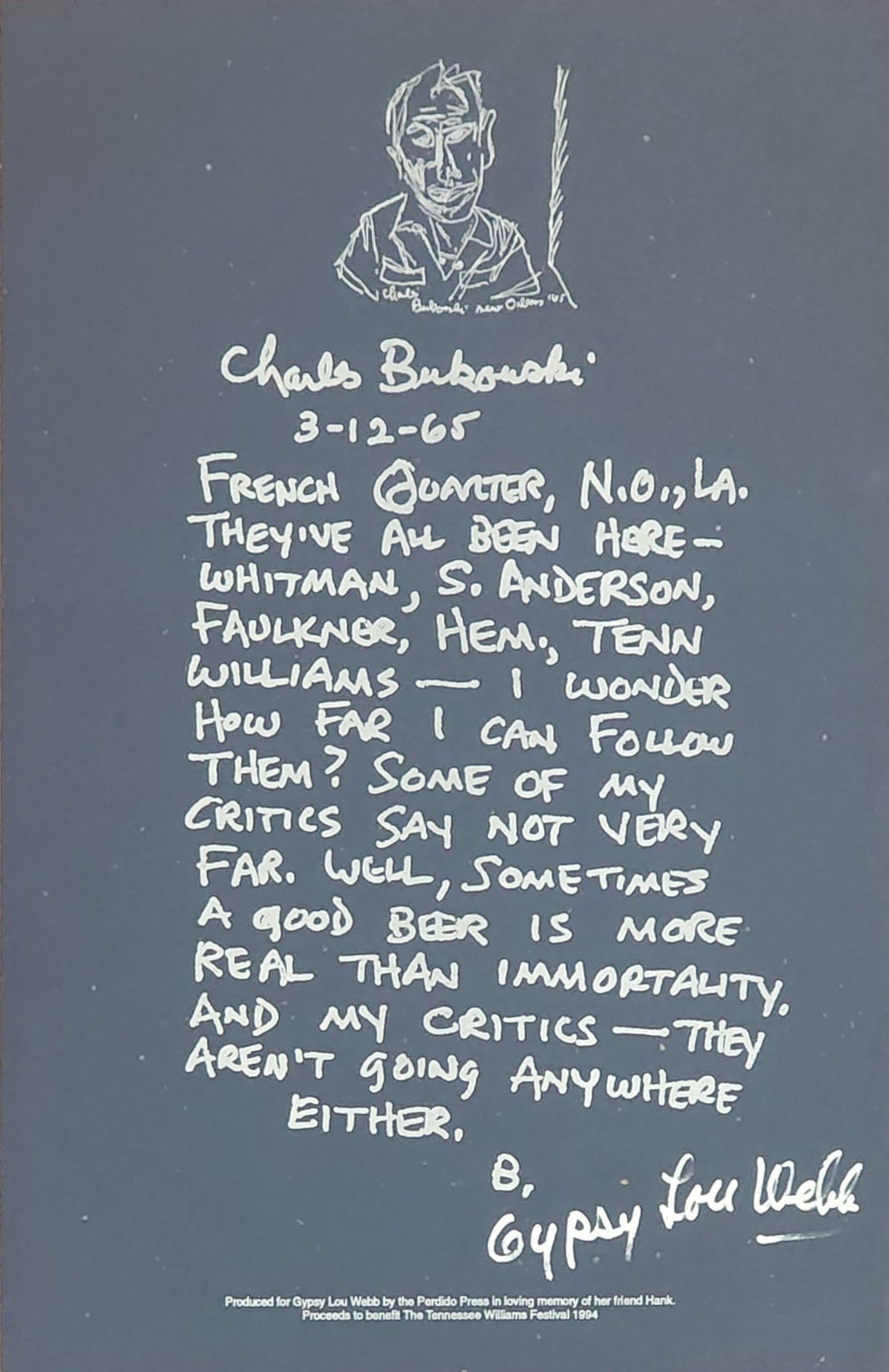 Perdido Press Broadside w/ Bukowski Inscription: Signed by Gypsy Lou Webb (1994)