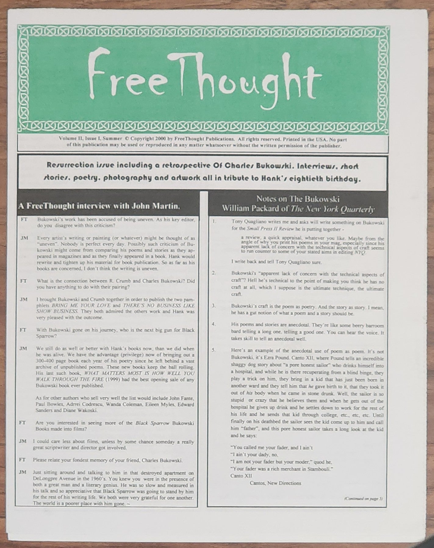 Free Thought. Vol. II, Issue I: Presentation Copy with Photo Sheet Signed by Michael Montfort