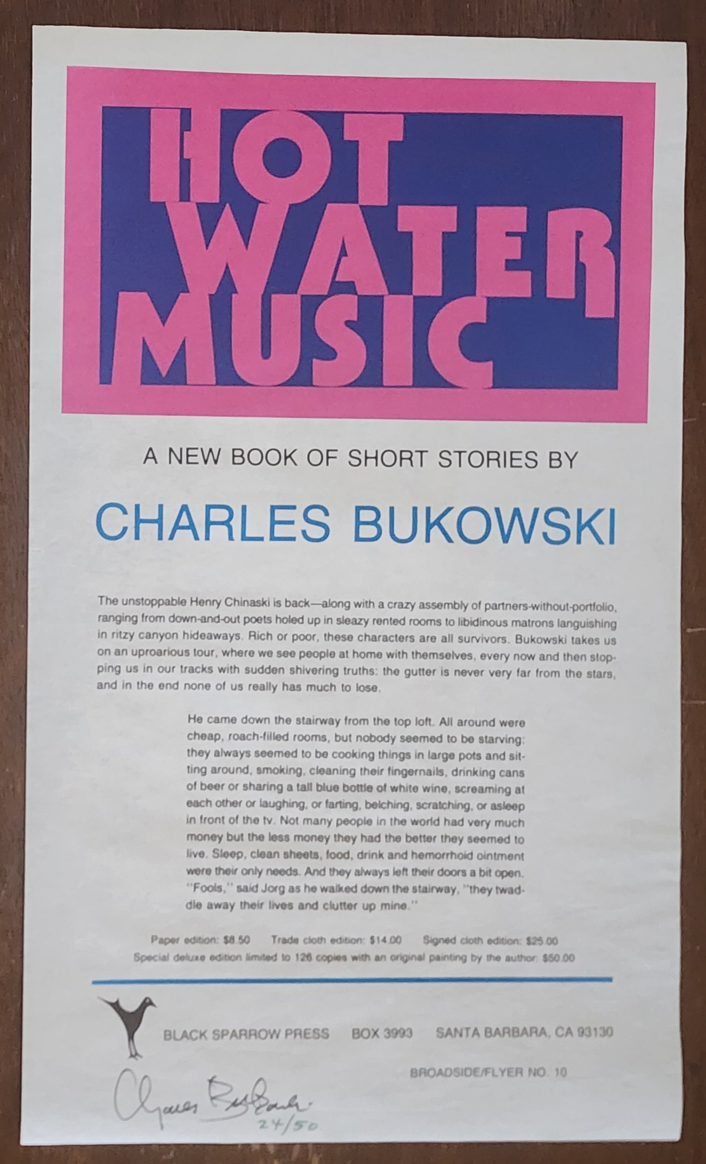 Hot Water Music Broadside: #24/50 Signed by Charles Bukowski