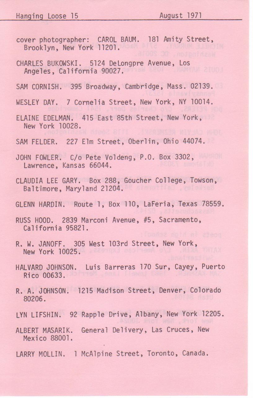 Hanging Loose -- Two First Appearance Charles Bukowski Poems (1971)
