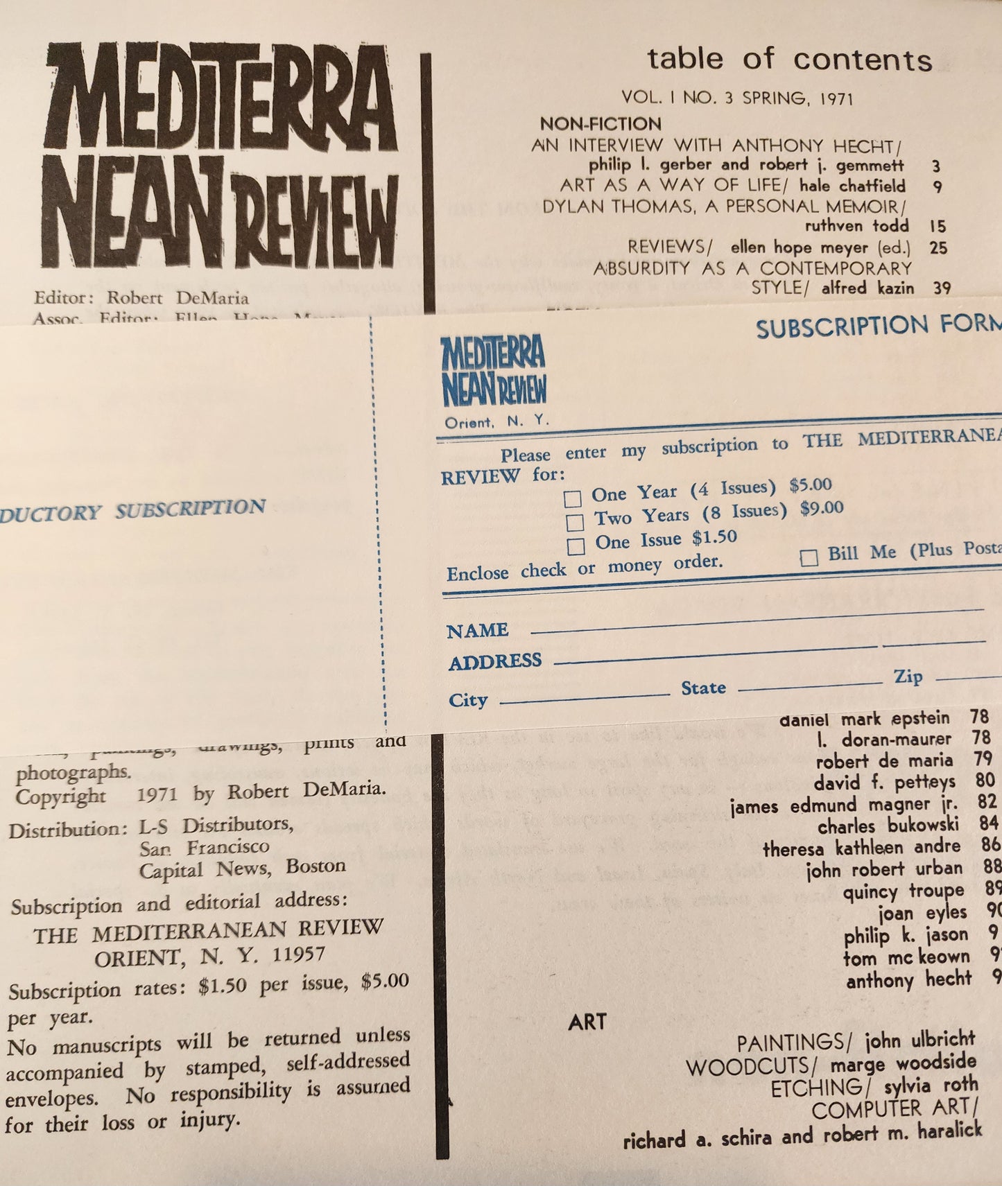Mediterranean Review, Vol. 1, No. 3 -- Two Uncollected Poems by Charles Bukowski Poem (1971)