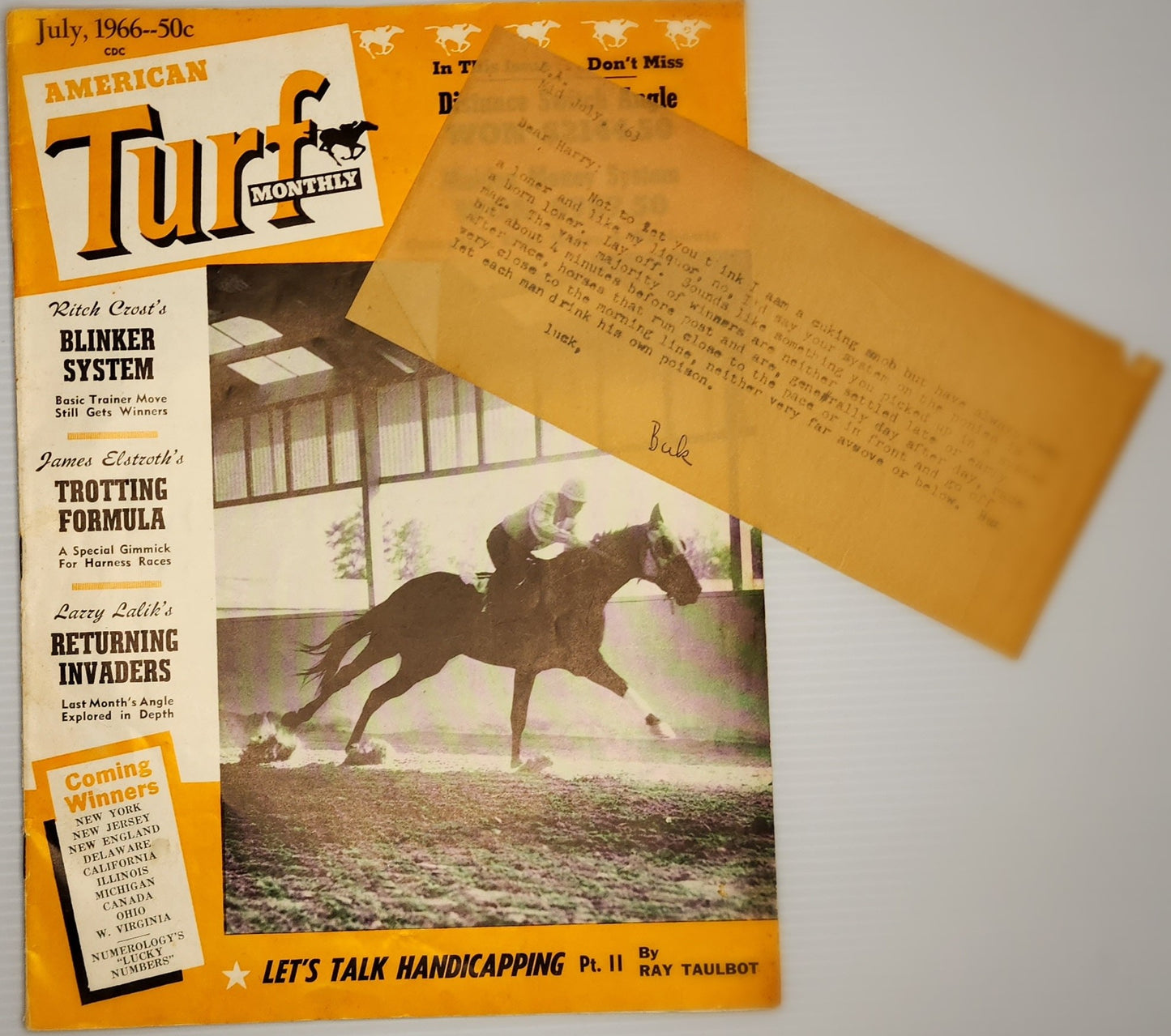 Charles Bukowski 1963 Signed Letter to “Harry” with American Turf Magazine (1966)
