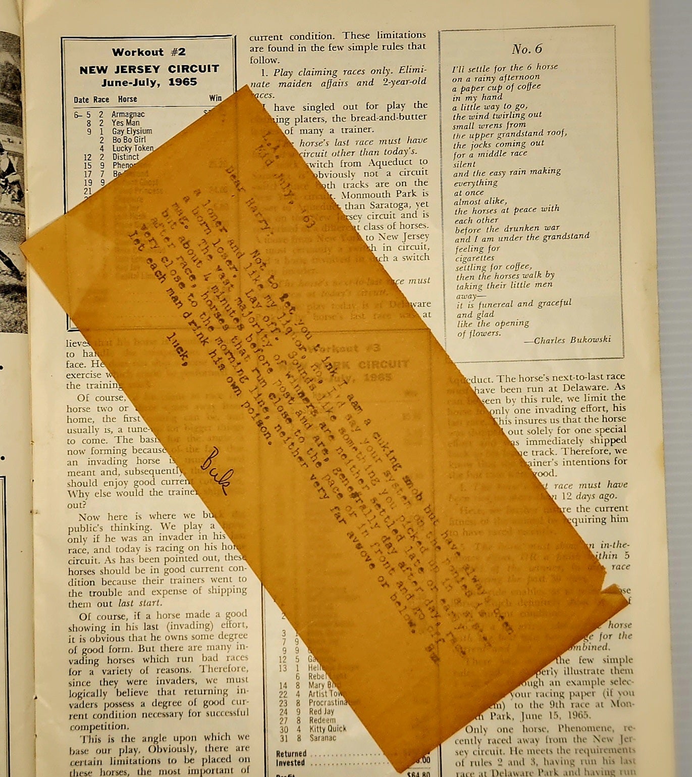 Charles Bukowski 1963 Signed Letter to “Harry” with American Turf Magazine (1966)