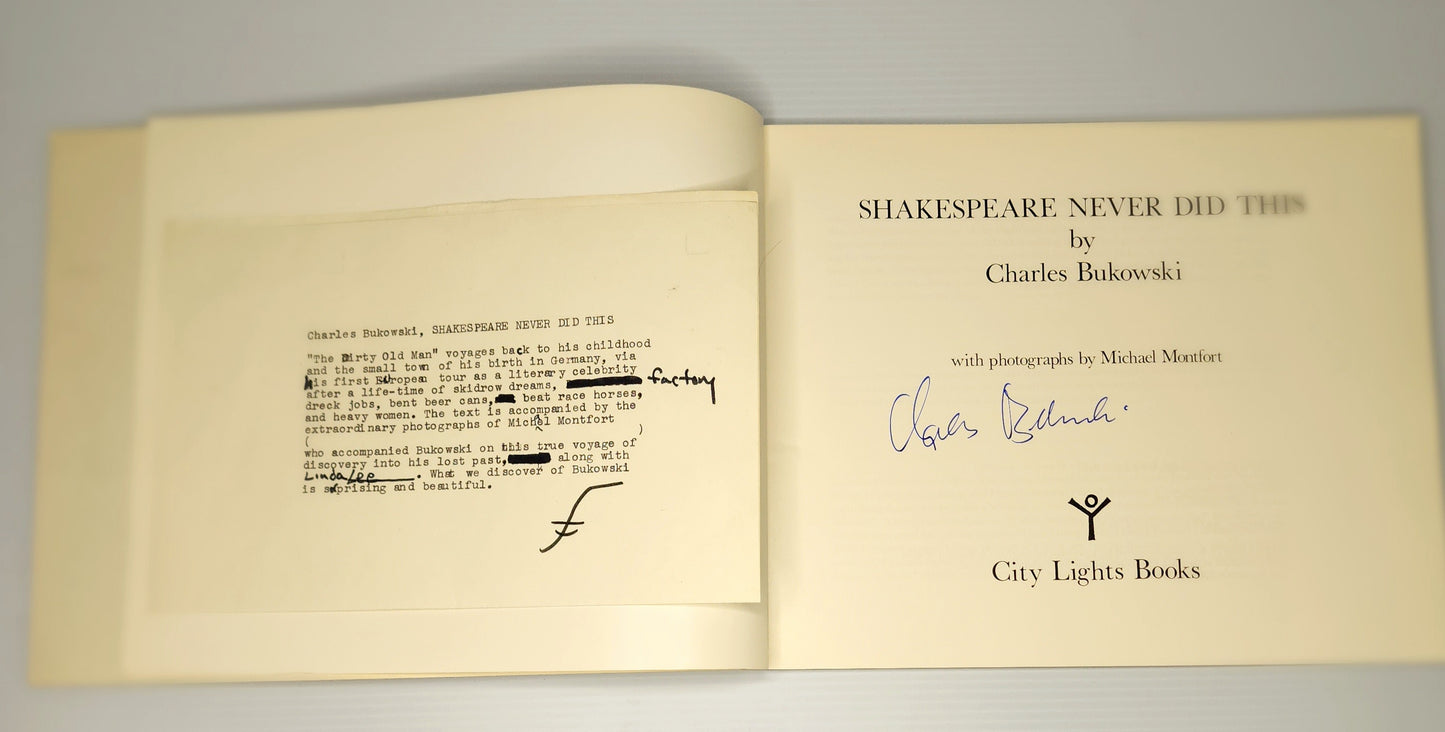 Signed by Bukoski with Book Description Signed by Ferlinghetti: Shakespeare Never Did This (1979)