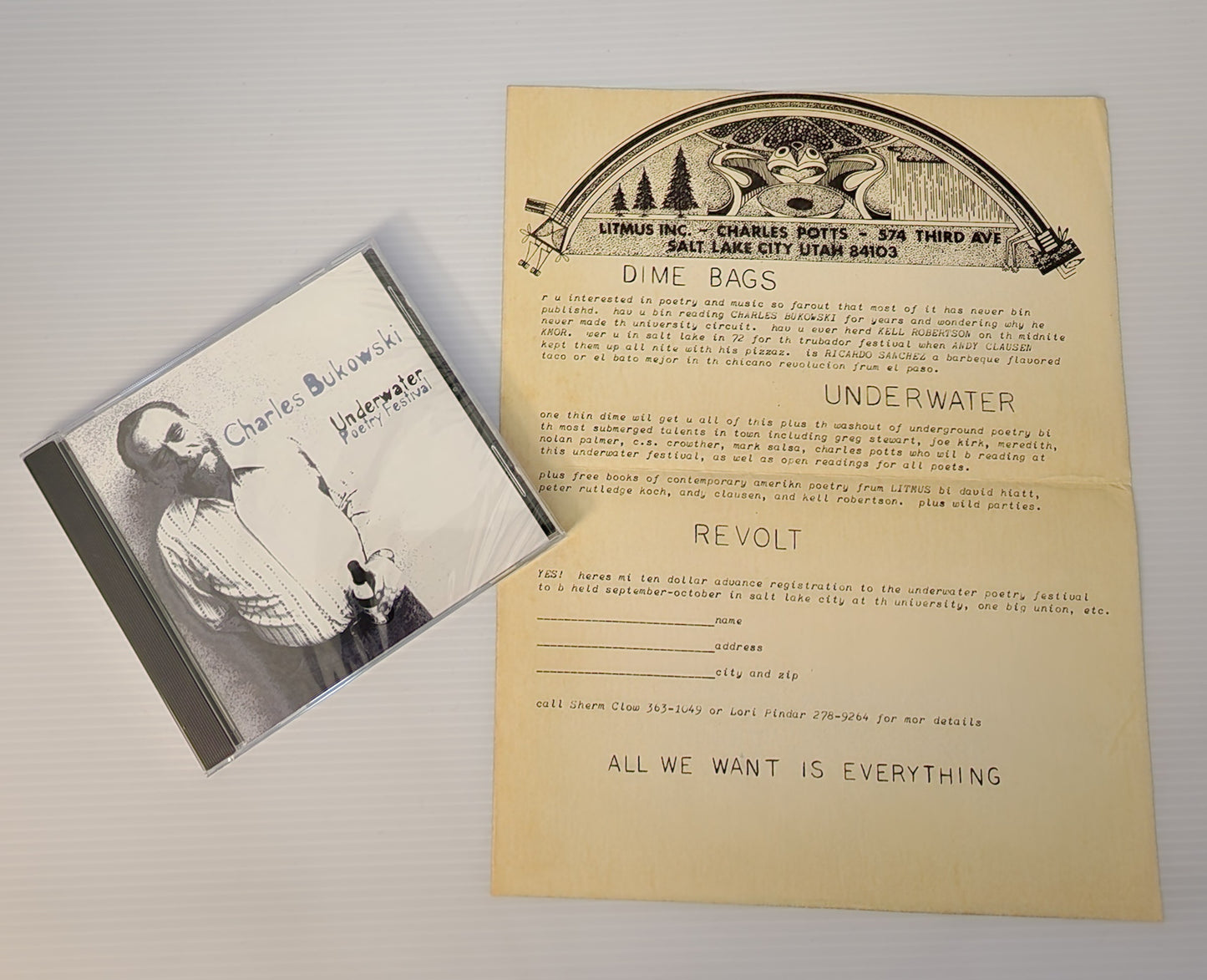 Flyer and CD for Bukowski Reading at the Underwater Poetry Festival (1974)