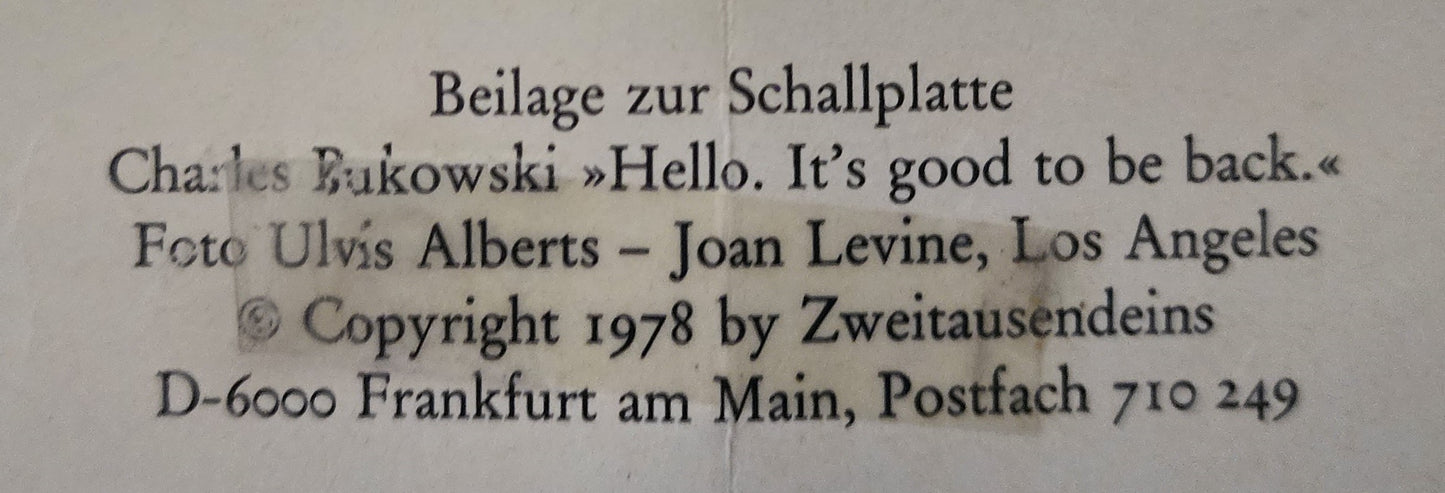 Hello, It’s Good to be Back, Vinyl LP with Poster: Charles Bukowski Live Reading in Hamburg, Germany, 1978