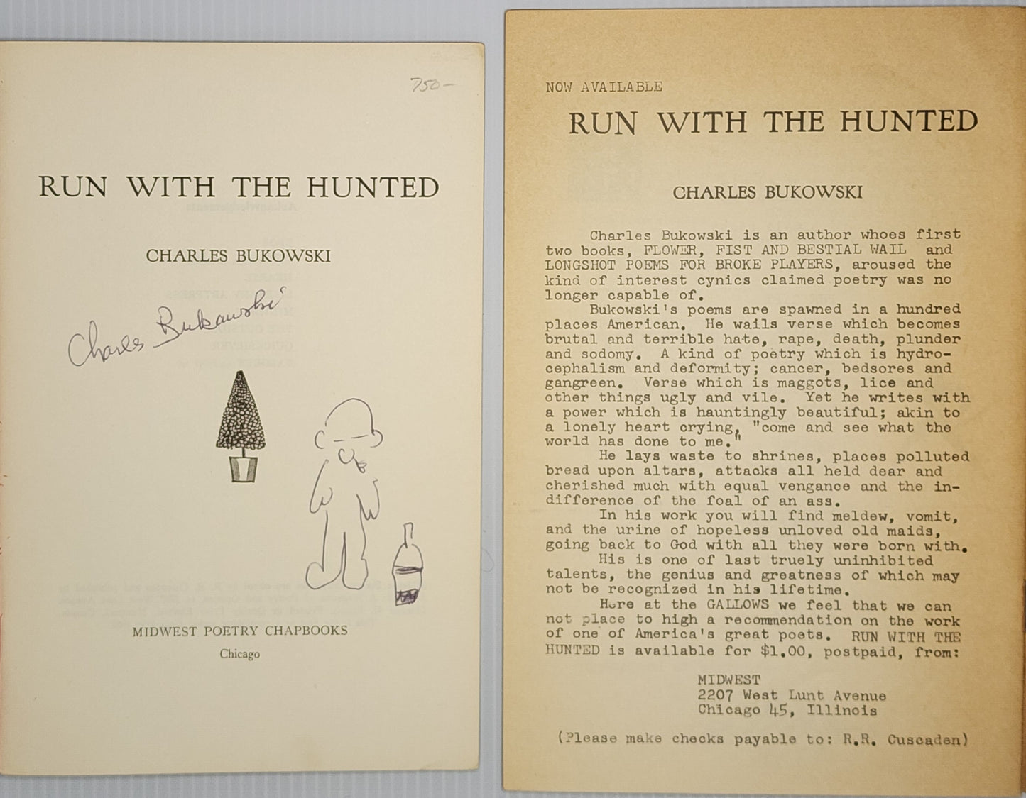 Run with the Hunted (1962) – Signed by Charles Bukowski with Drawing, Announcement and Custom Box