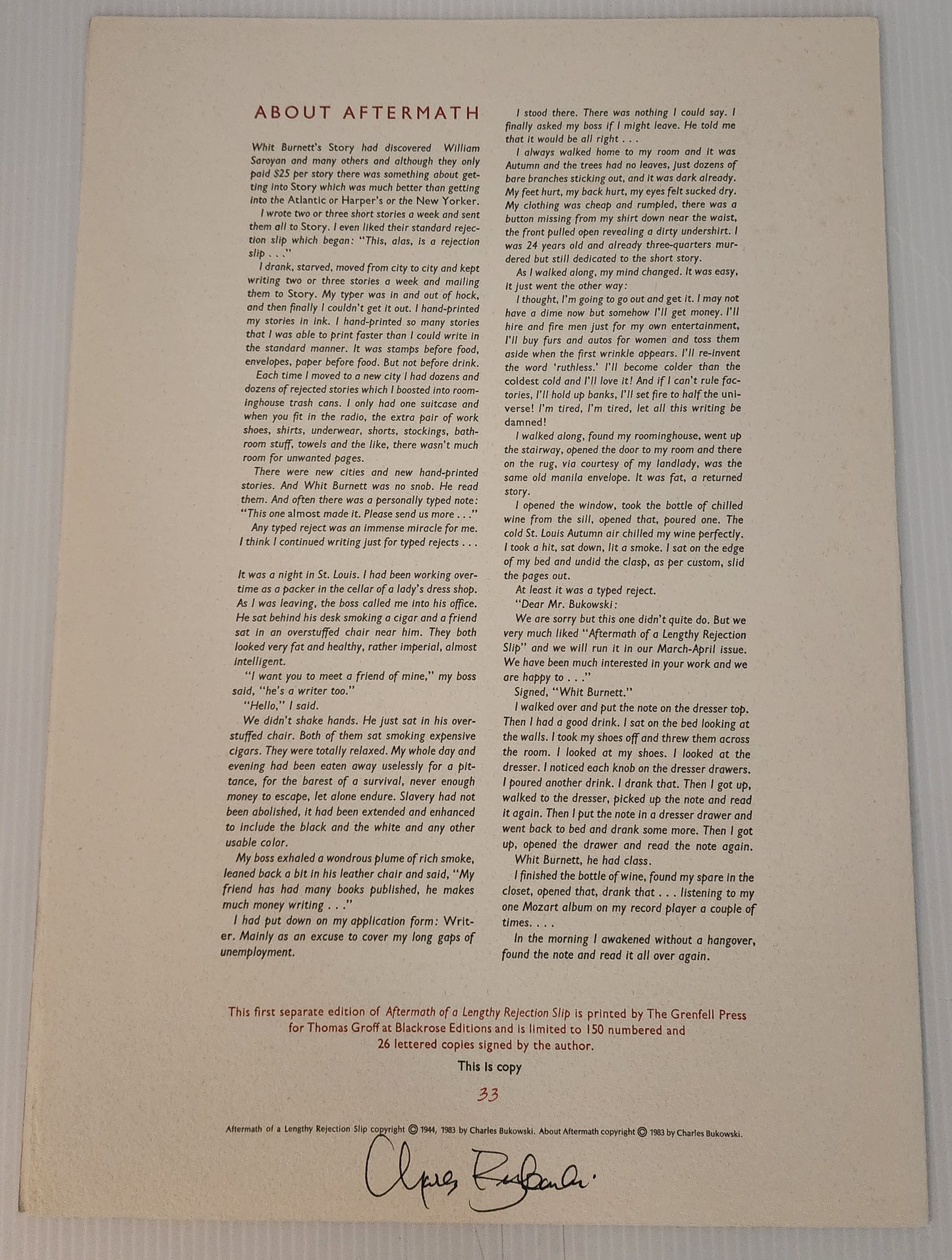 Signed by Charles Bukowski (#34/150): Aftermath of a Lengthy Rejection Slip (1983)