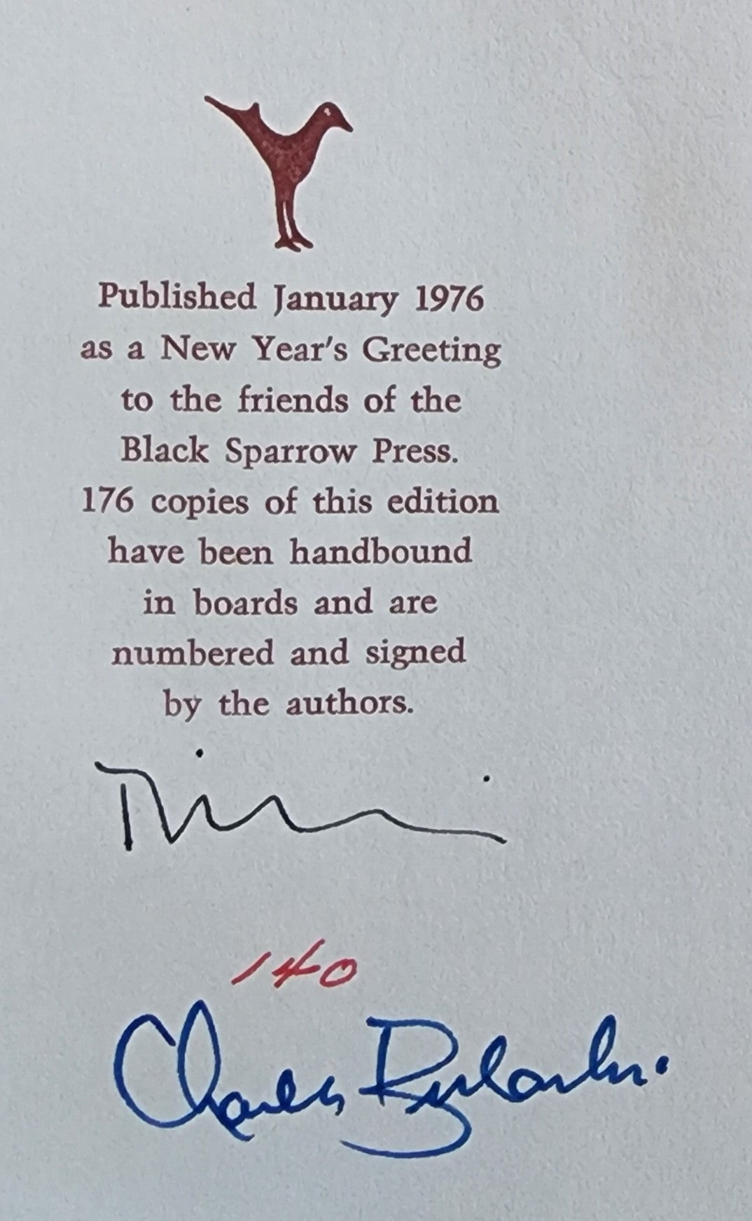 THE LAST POEM and TOUGH COMPANY –Signed by Charles Bukowski and Diane Wakoski (#140/176)