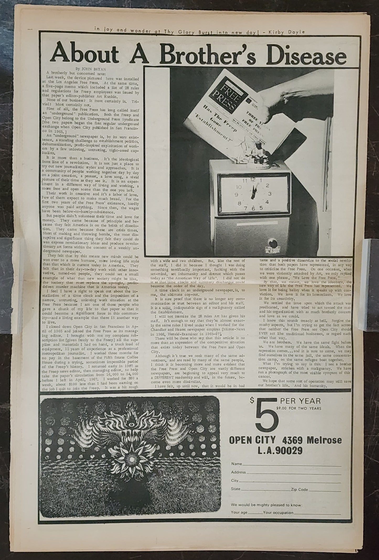 OPEN CITY No. 43, Feb. 23–29, 1968 — Bukowski Notes, The Fugs, LA Free Press