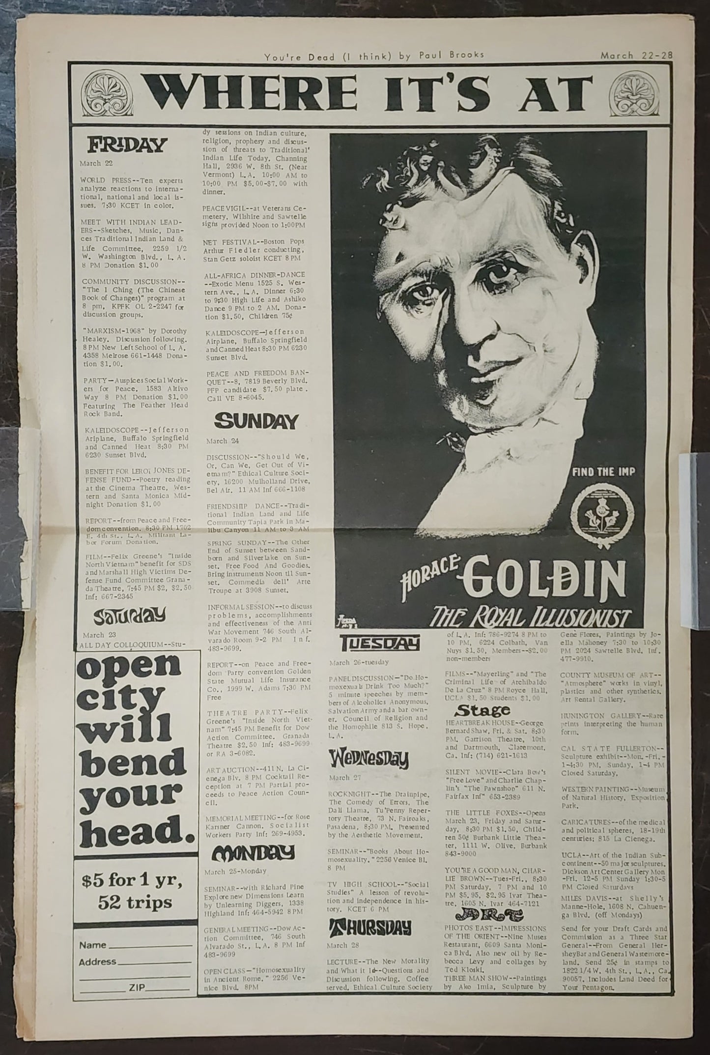 OPEN CITY No. 47, Mar. 22–28, 1968 — Bukowski Notes, Tiny Tim, Jefferson Airplane, Buffalo Springfield, Canned Heat