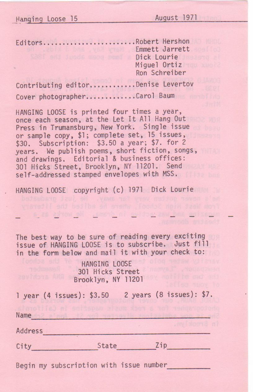Hanging Loose -- Two First Appearance Charles Bukowski Poems (1971)