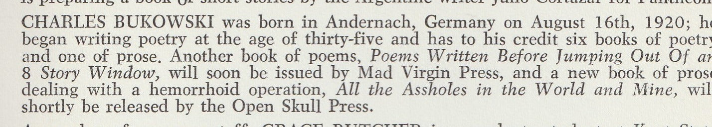 Hiram Poetry Review No. 1 -- Two First Appearance Charles Bukowski Poems (1966)