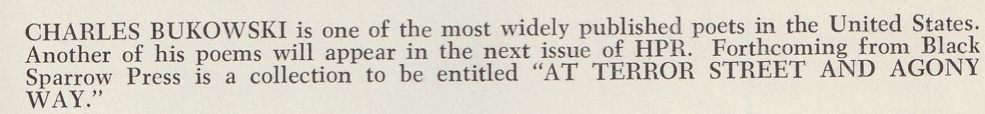 Hiram Poetry Review No. 4 -- One Uncollected Charles Bukowski Poem (1968)
