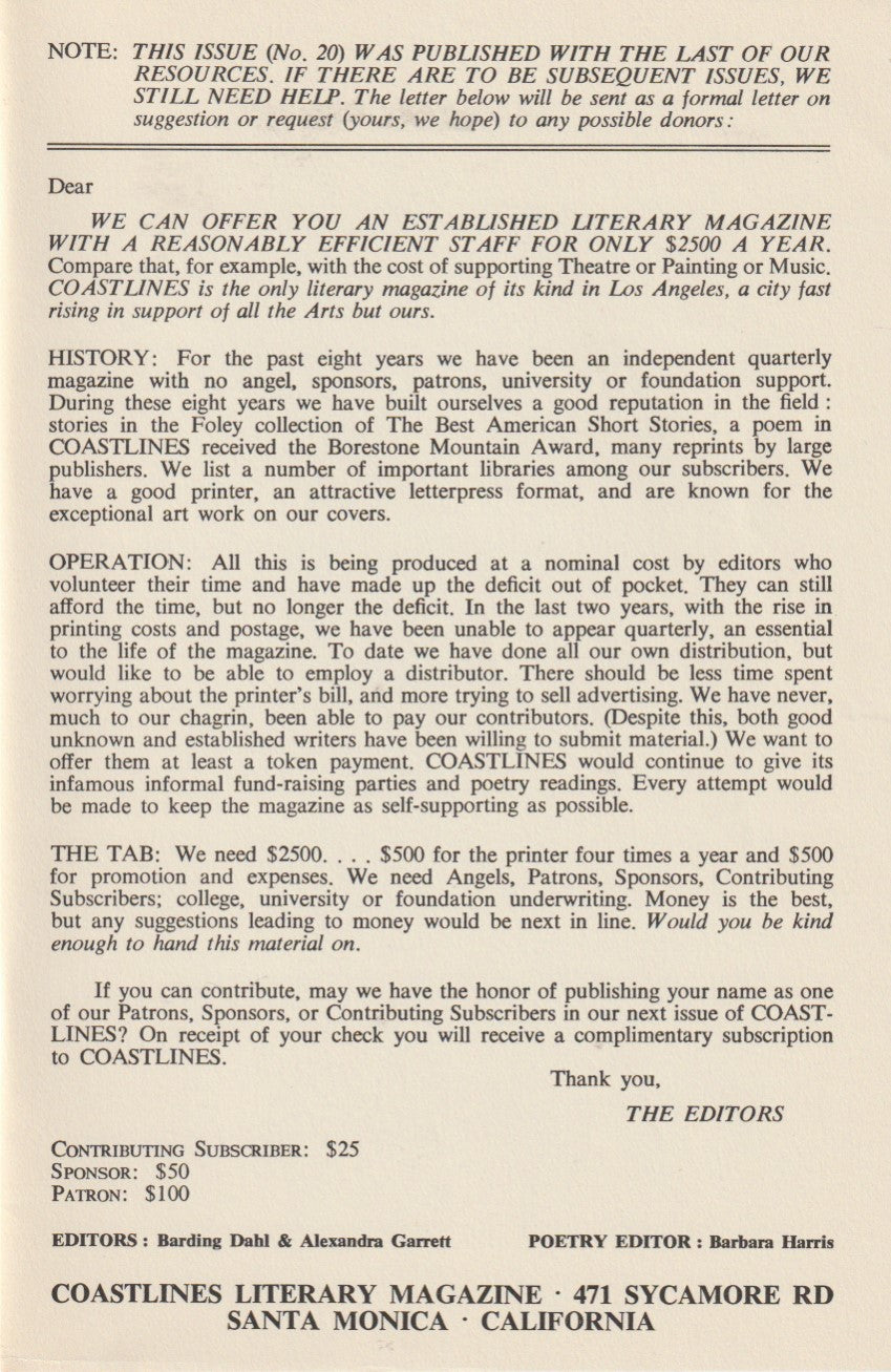 Coastlines 20 -- Jon Webb Short Story and First Appearance Charles Bukowski Poem (1963)