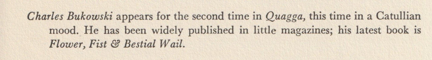 Quagga Vol. 1, No.3 -- First Appearance of Acclaimed Charles Bukowski Poem (1960)