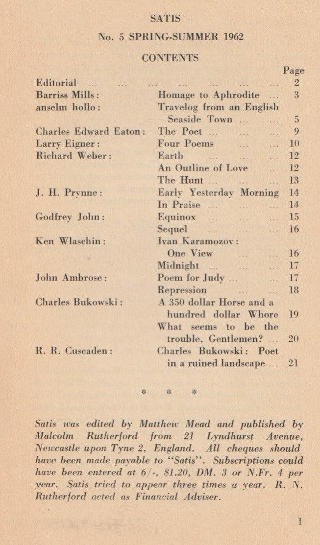 Satis Entire Run, Plus Bonus Chapbook: Satis 5 Includes First Critical Study on Charles Bukowski (1962)