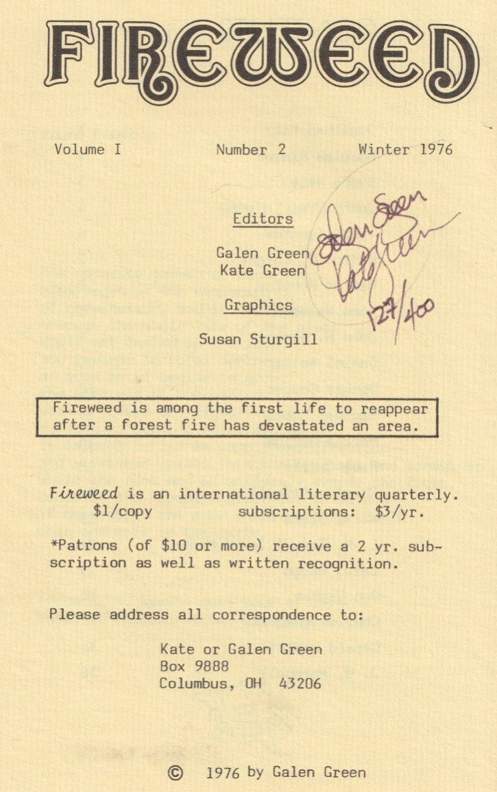 Fireweed Vol. 1, No. 1 -- Two First Appearance Poems by Charles Bukowski (1975)