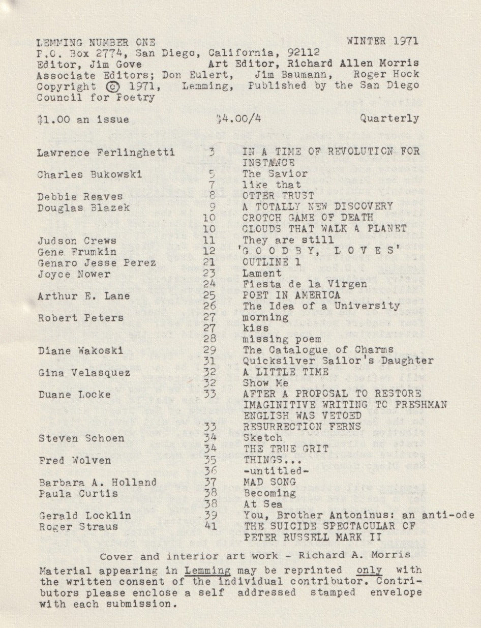 Lemming 1-- Two First Appearance Poems by Charles Bukowski Poem (1971)