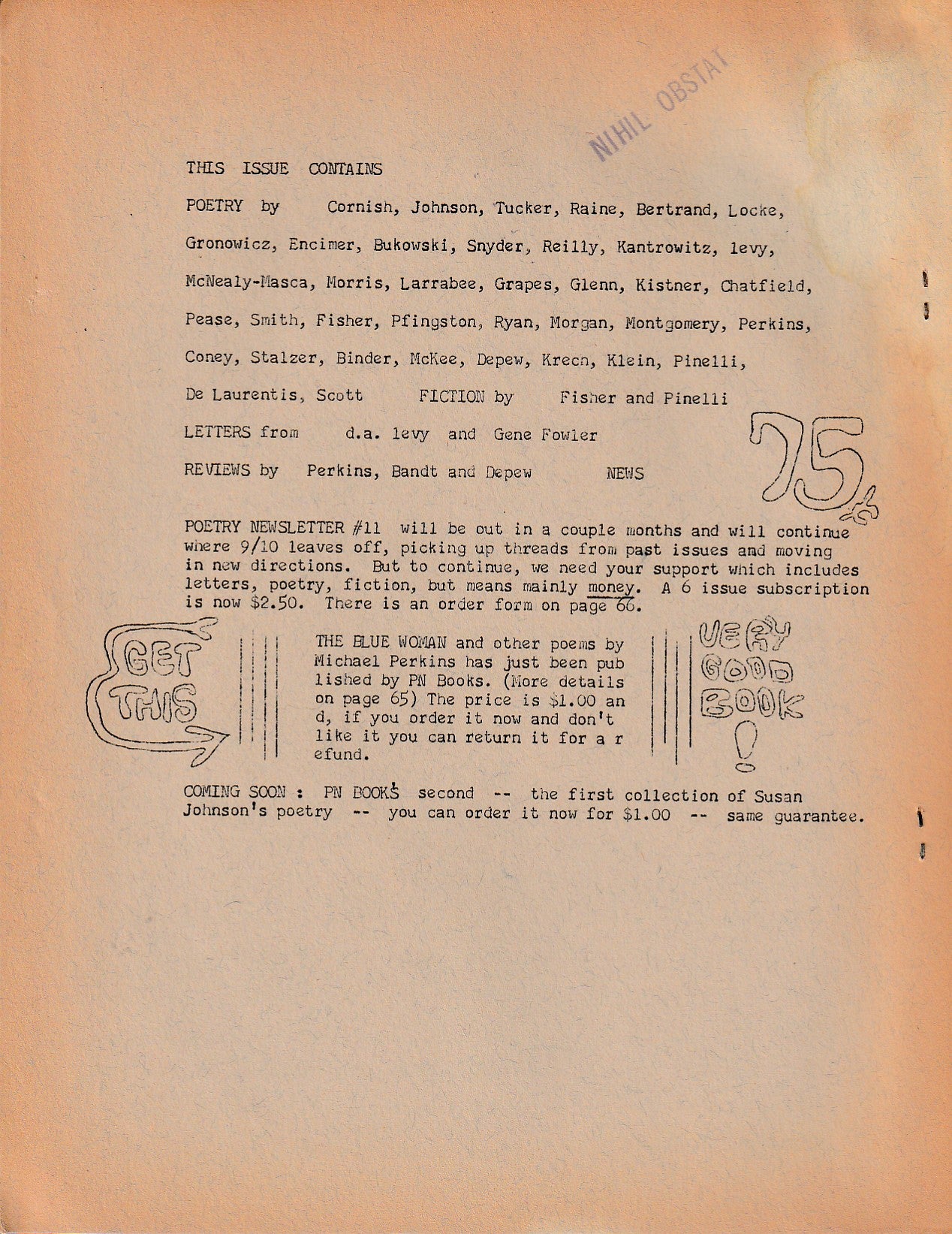 Poetry Newsletter No. 9 -- One Uncollected Charles Bukowski Poem (1966)