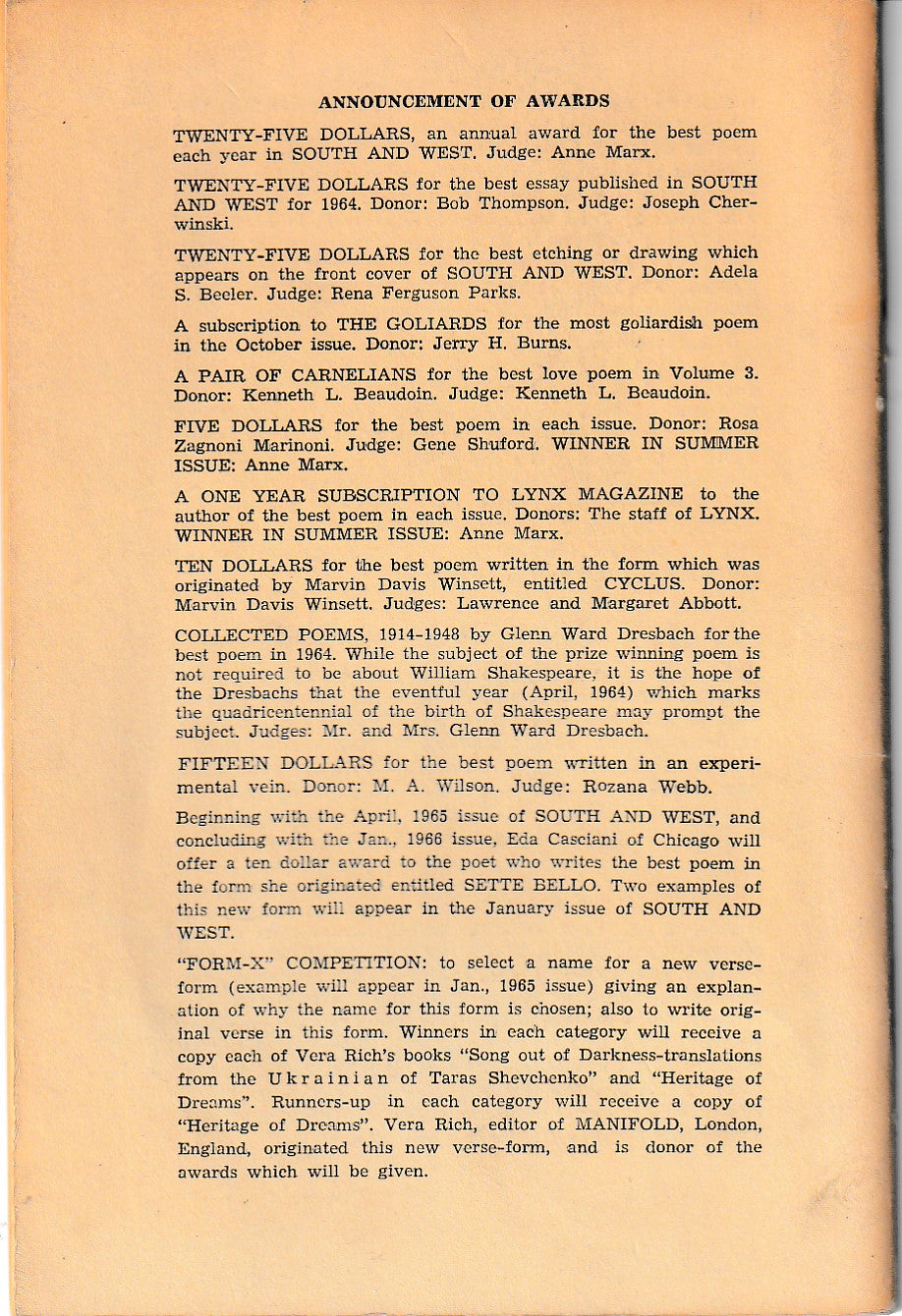 South And West Vol. 3, No. 2 -- One Uncollected Charles Bukowski Poem (1964)