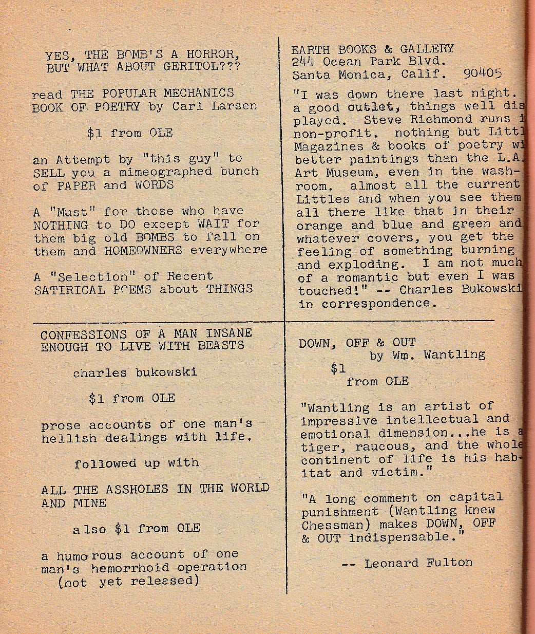 OLE 4: Book Advertisement, Book Review, Product Review and One First Appearance Poem (1966)