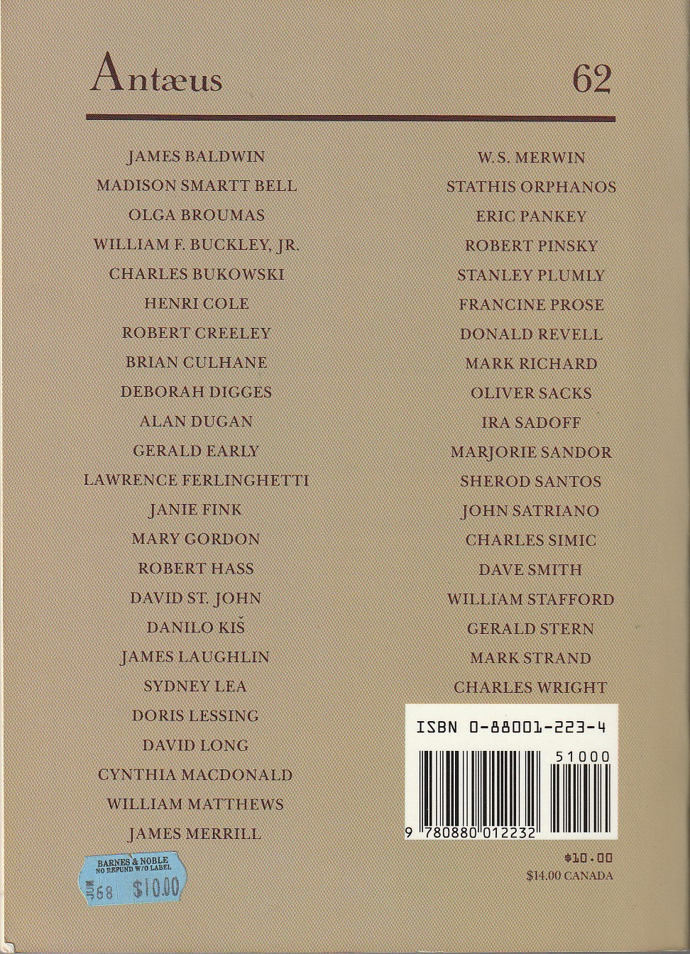 Antaeus No. 62 -- Two First Appearance Charles Bukowski Poems (1989)