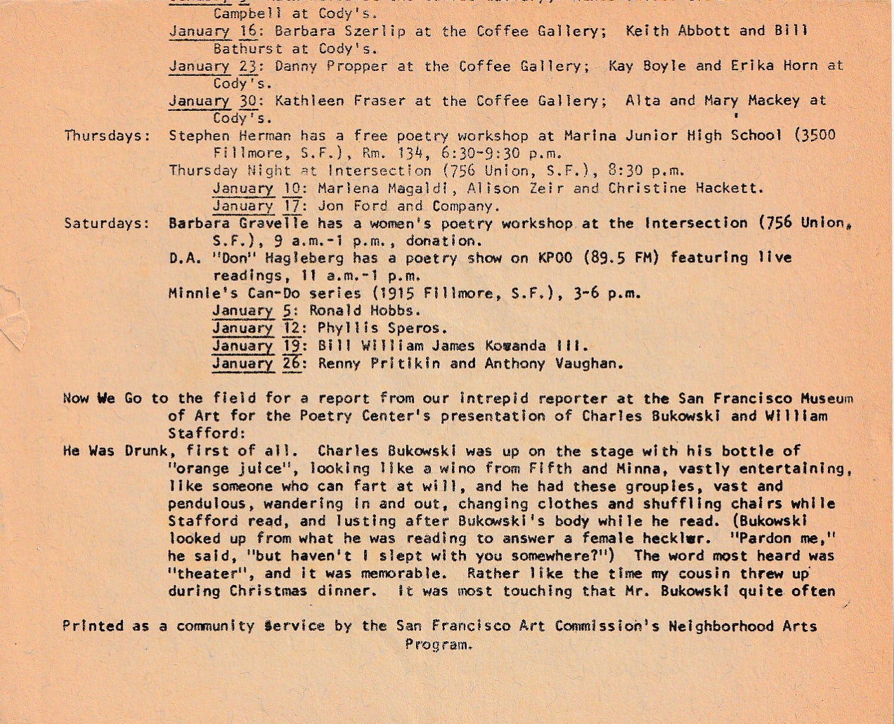 Poetry Flash Review -- Hilarious Review of Bukowski’s 1973 Reading with William Stafford at the San Francisco Museum of Art (1974)