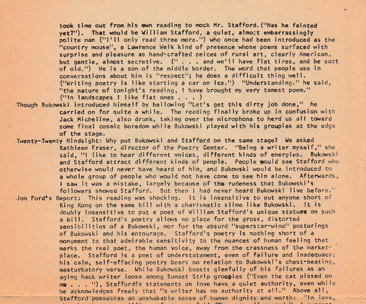 Poetry Flash Review -- Hilarious Review of Bukowski’s 1973 Reading with William Stafford at the San Francisco Museum of Art (1974)