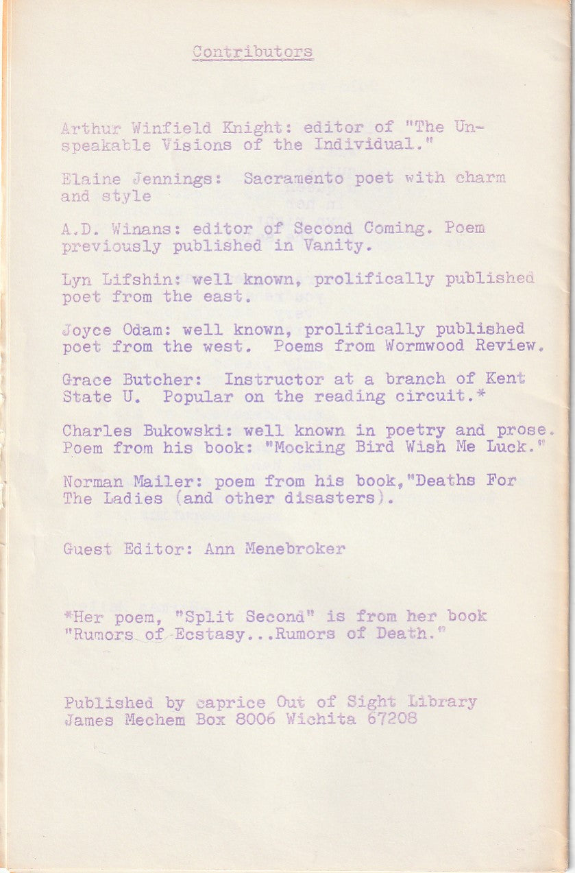 Out of Sight Library, Not in Fogel: One Charles Bukowski Poem (1972)