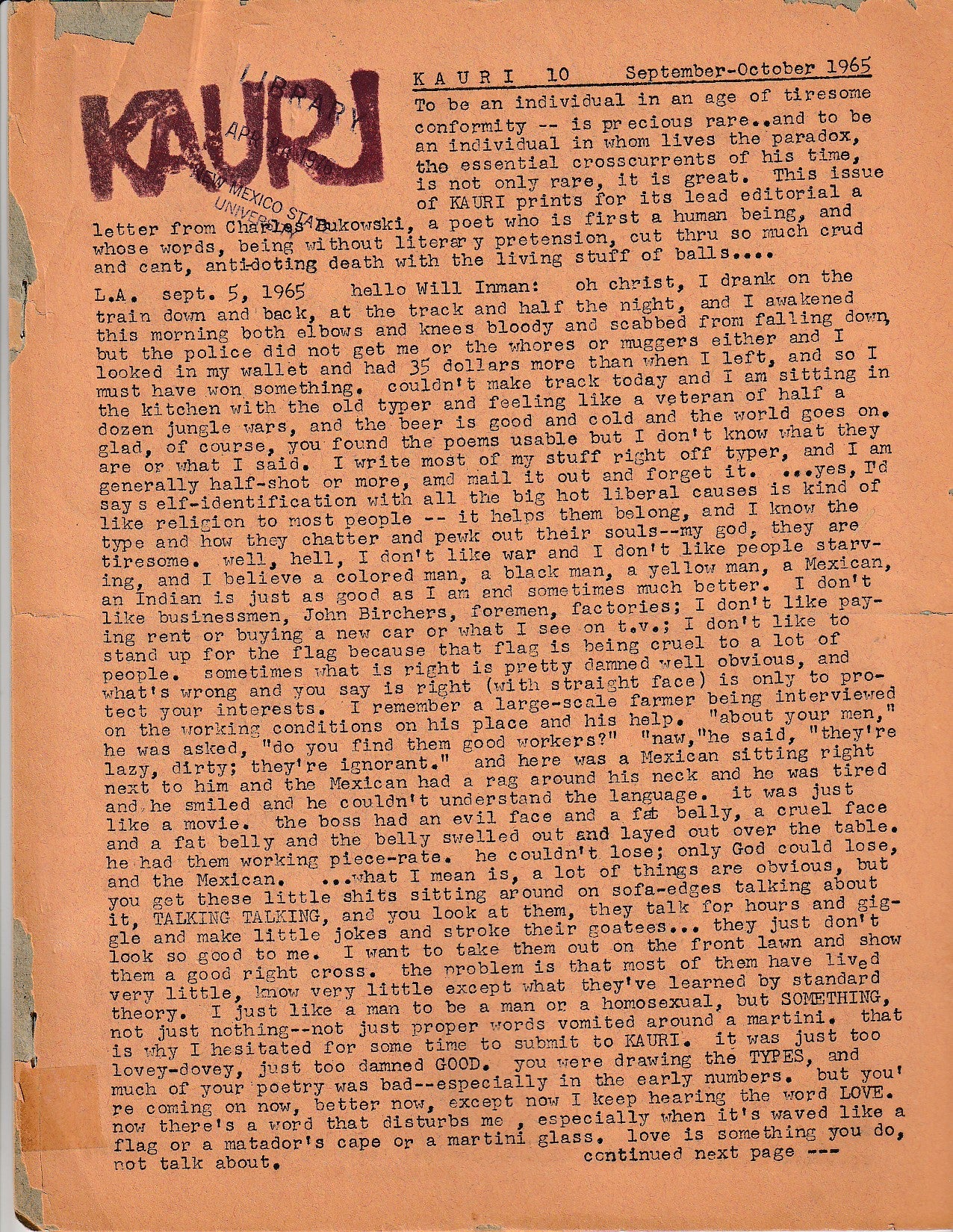 Kauri No. 10 -- One First Appearance Poem by Charles Bukowski Poem (1965)