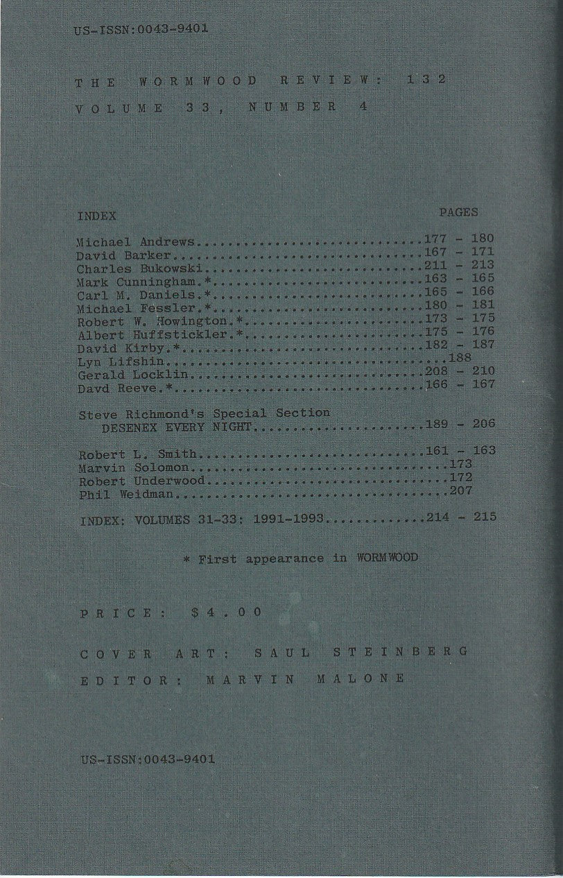 Wormwood Review 132 #364/700 -- One Uncollected Poem (Three Total) by Charles Bukowski Poems in (1993)