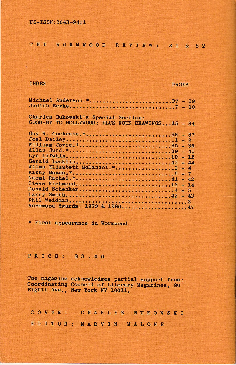 Wormwood Review 81 & 82 #566/700 – Good-By To Hollywood Special Charles Bukowski Section with Four Drawings, One Uncollected Short Story, Three Uncollected Poems and13 Poems Total (1981)