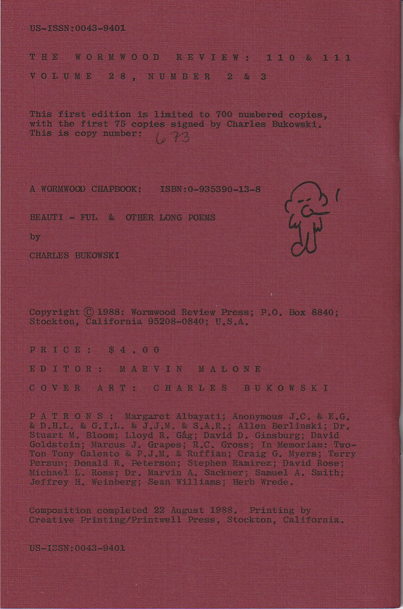 Wormwood Review 110 & 111 #673/700 -- Charles Bukowski Chapbook BEAUTI-FUL, Three Uncollected Poems, 19 Poems Total (1988)