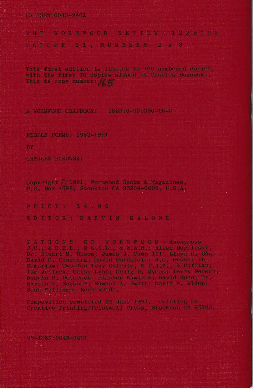 Wormwood Review 122/123 #165/700 -- Charles Bukowski Chapbook People Poems, 43 Poems, Five Uncollected (1991)