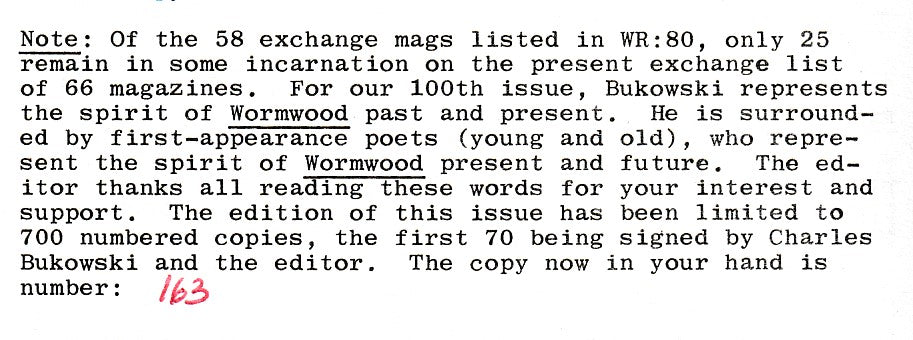 Wormwood 100 #559/700 – Good Stuff Special Charles Bukowski Section 13 Poems, Three Uncollected (1985)