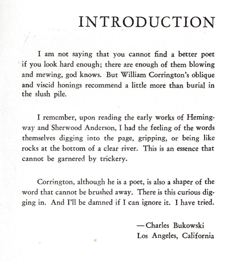Charles Bukowski Introduction to John William Corrington’s Mr. Clean