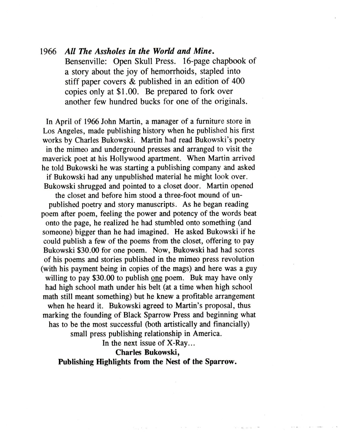 Charles Bukowski: A Publishing History, featuring David Gregor