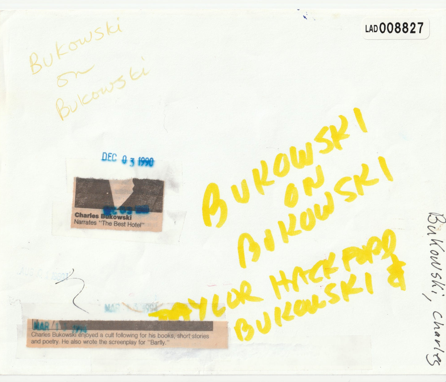 Promotional Poster for “Bukowski” Film and Premier Photo with Taylor Hackford and Charles Bukowski