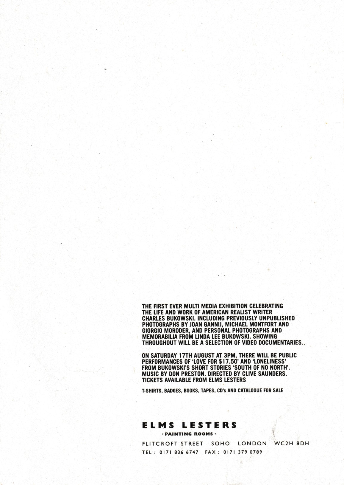 Exhibition Catalog and Flyer: ELMS LESTERS CELEBRATES CHARLES BUKOWSKI