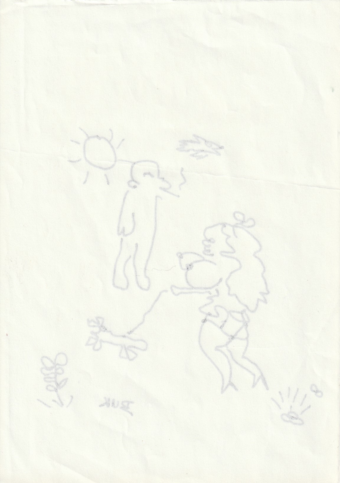 Signed Original Drawing by Charles Bukowski of Topless Woman Walking a Dog