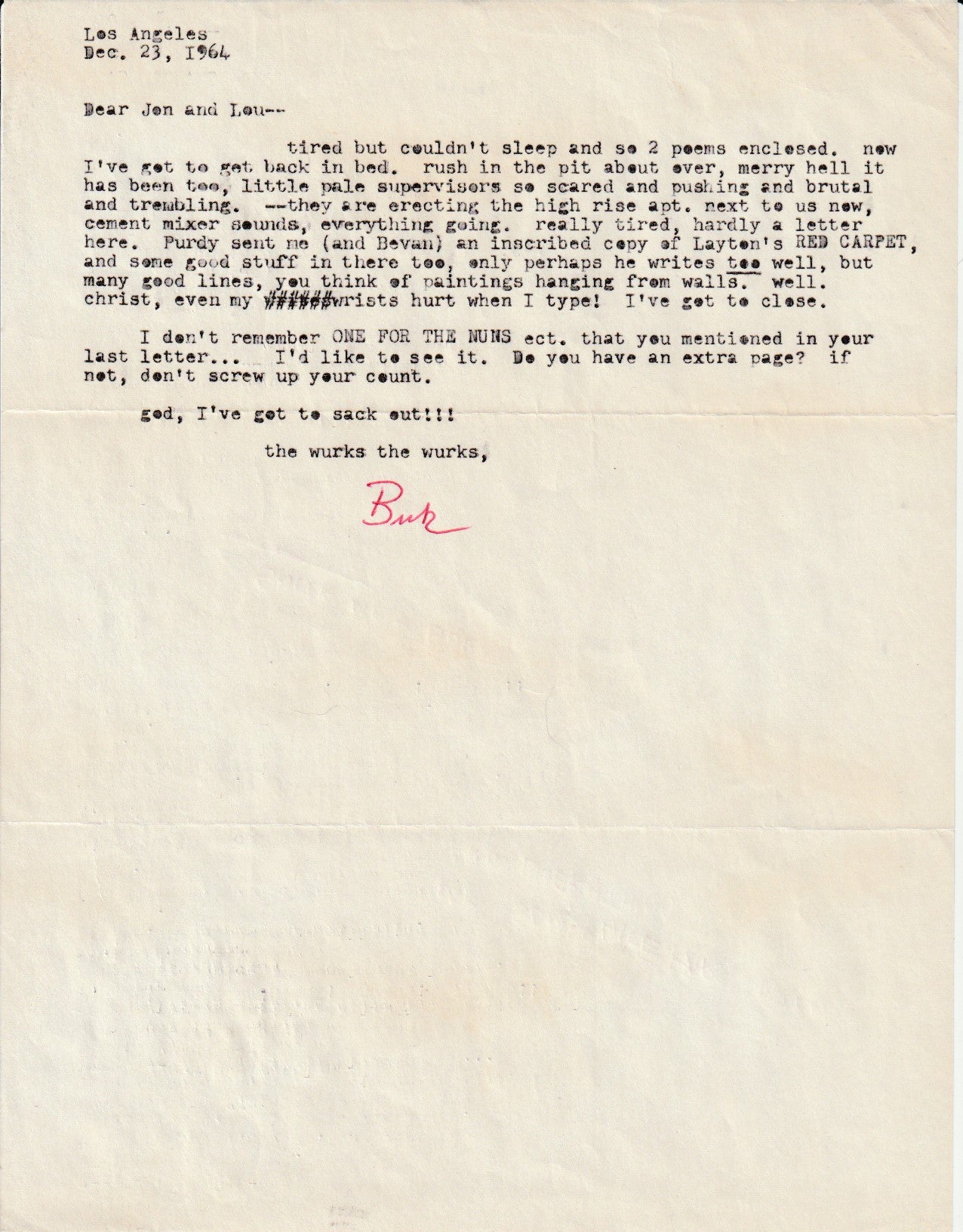 Dec. 23, 1964 , Charles Bukowski Signed Letter to the Webbs and Signed Full-Page Inscription and Drawing in Crucifix in a Deathhand