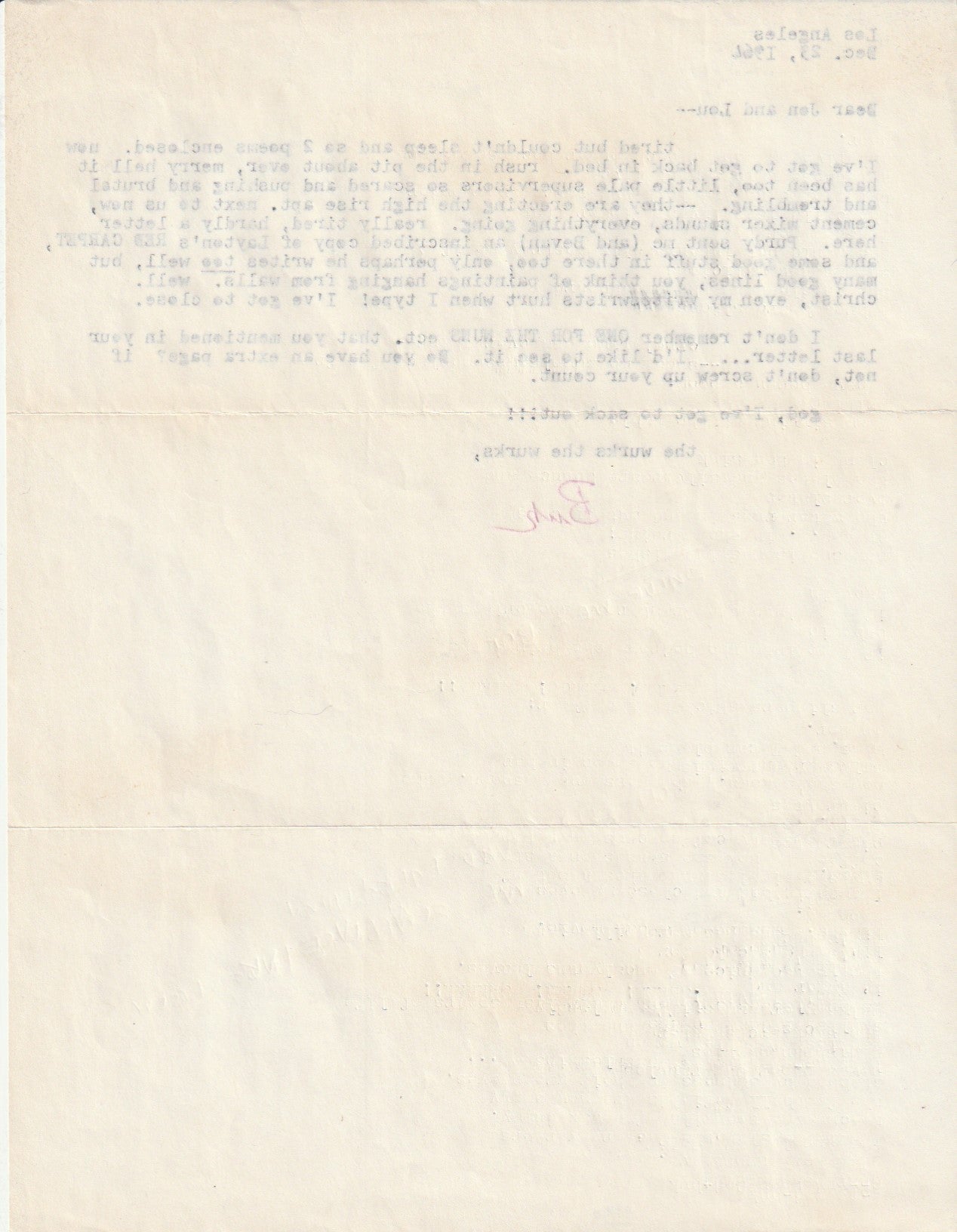 Dec. 23, 1964 , Charles Bukowski Signed Letter to the Webbs and Signed Full-Page Inscription and Drawing in Crucifix in a Deathhand