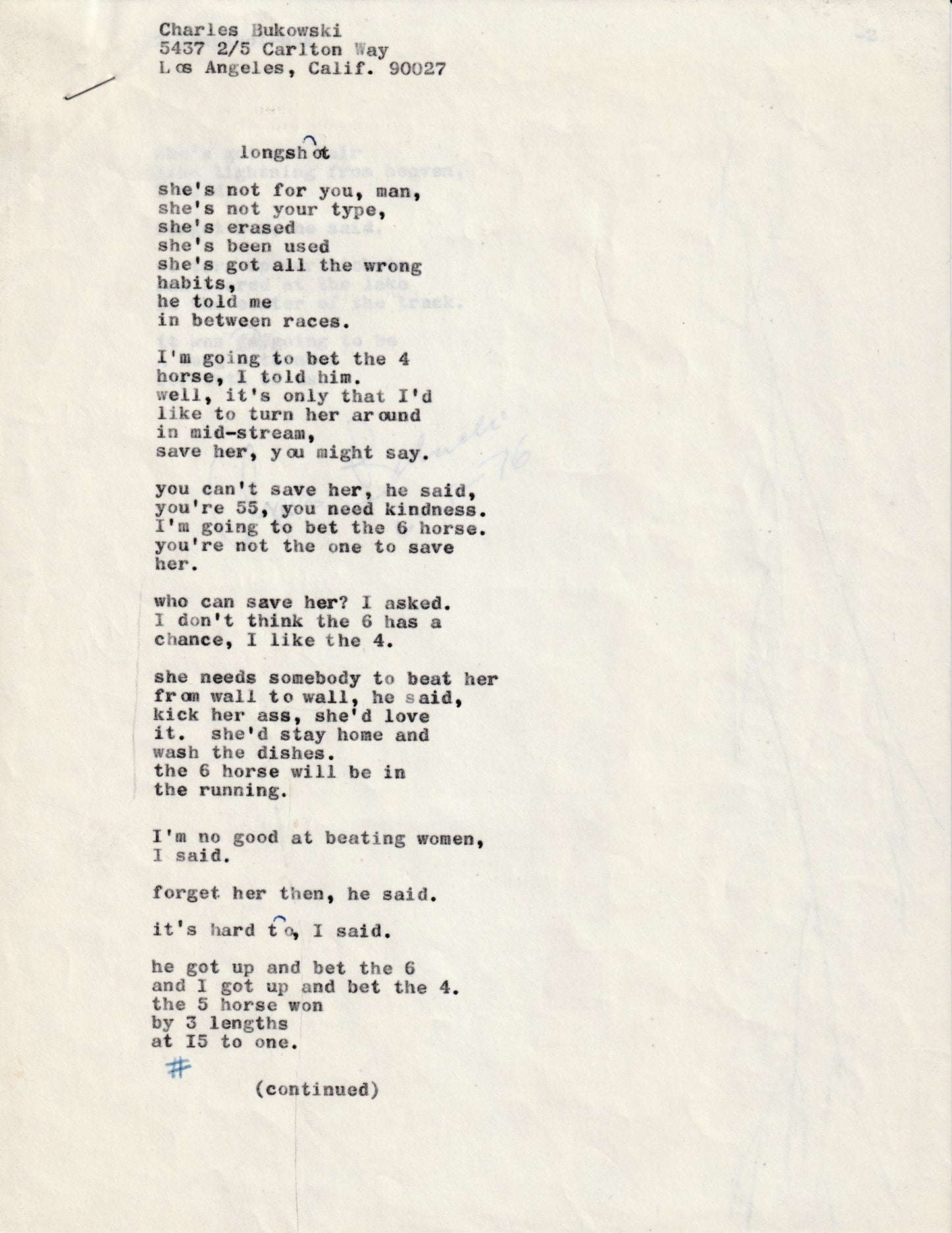 Longshot: Signed Manuscript by Charles Bukowski